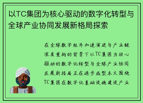 以TC集团为核心驱动的数字化转型与全球产业协同发展新格局探索